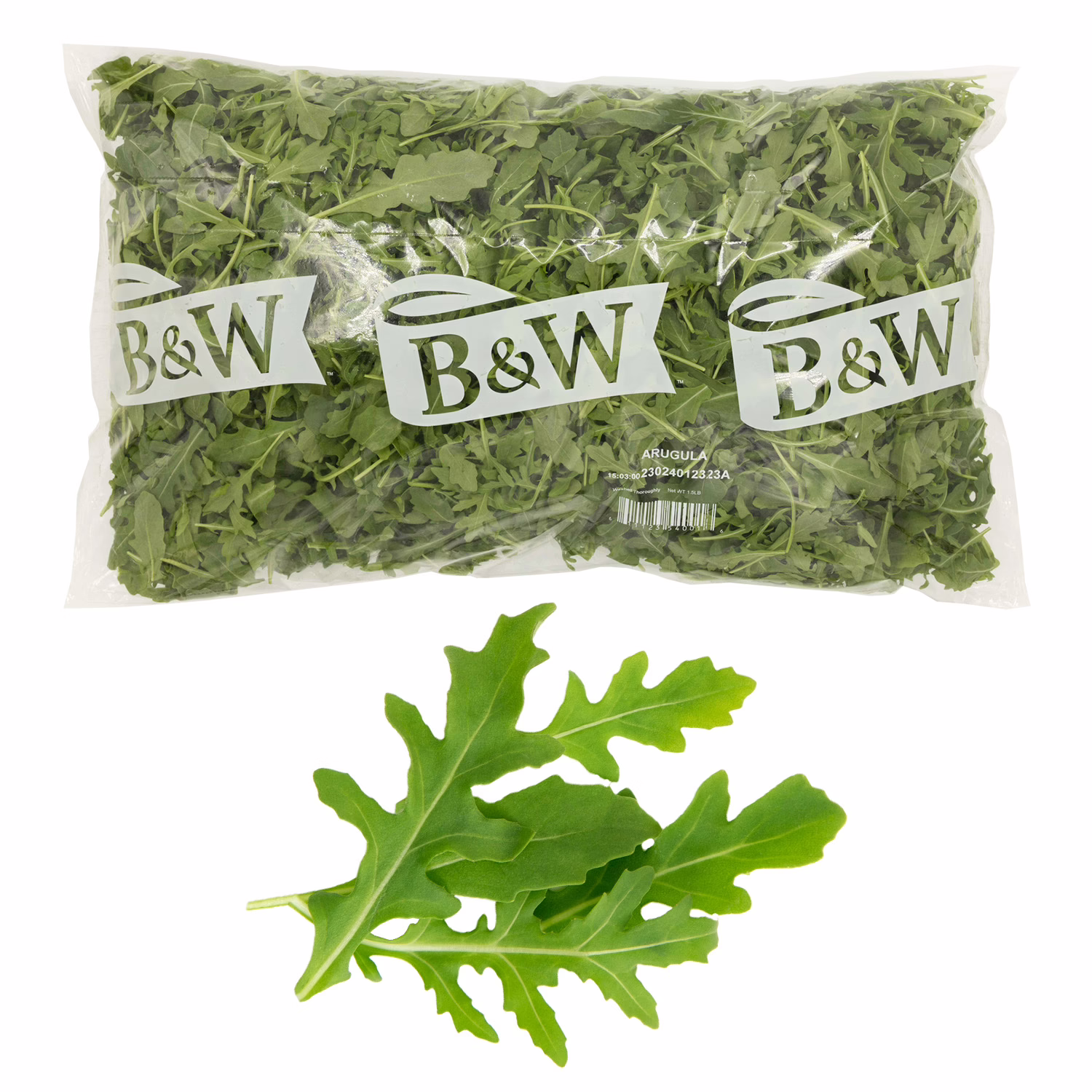 B&W Arugula. A clear bag labeled "B&W" filled with arugula leaves, with a few arugula leaves placed in front of the bag on a white background.